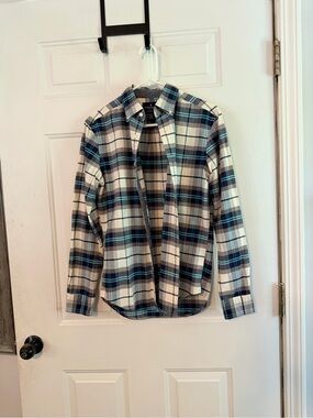 American Eagle Outfitters Men’s Navy, Teal & White Plaid Button-Down Shirt
